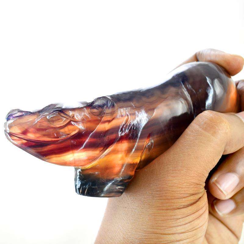 gemsmore:Genuine Multicolor Fluorite Craftsmen Carved Hippo