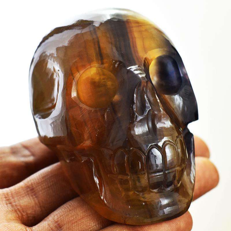 gemsmore:Genuine Multicolor Fluorite Hand Carved Human Skull