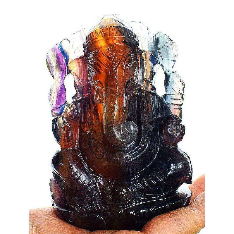 gemsmore:Genuine Multicolor Fluorite Hand Carved Lord Ganesha Idol Statue