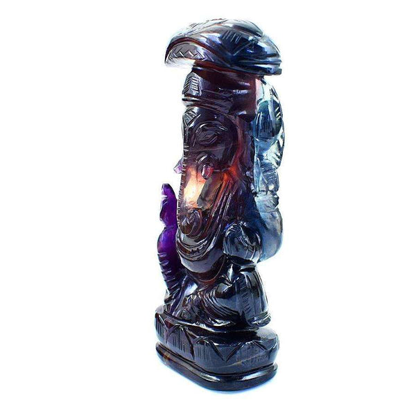 gemsmore:Genuine Multicolor Fluorite Hand Carved Lord Ganesha Idol With Snake At Back