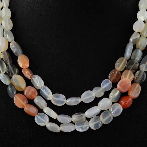 gemsmore:Genuine Multicolor Moonstone 3 Line Beads Necklace