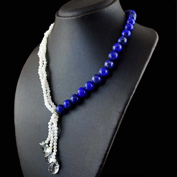 gemsmore:Genuine Natural Blue Flash Moonstone & Blue Lapis Lazuli Necklace Untreated Round Beads