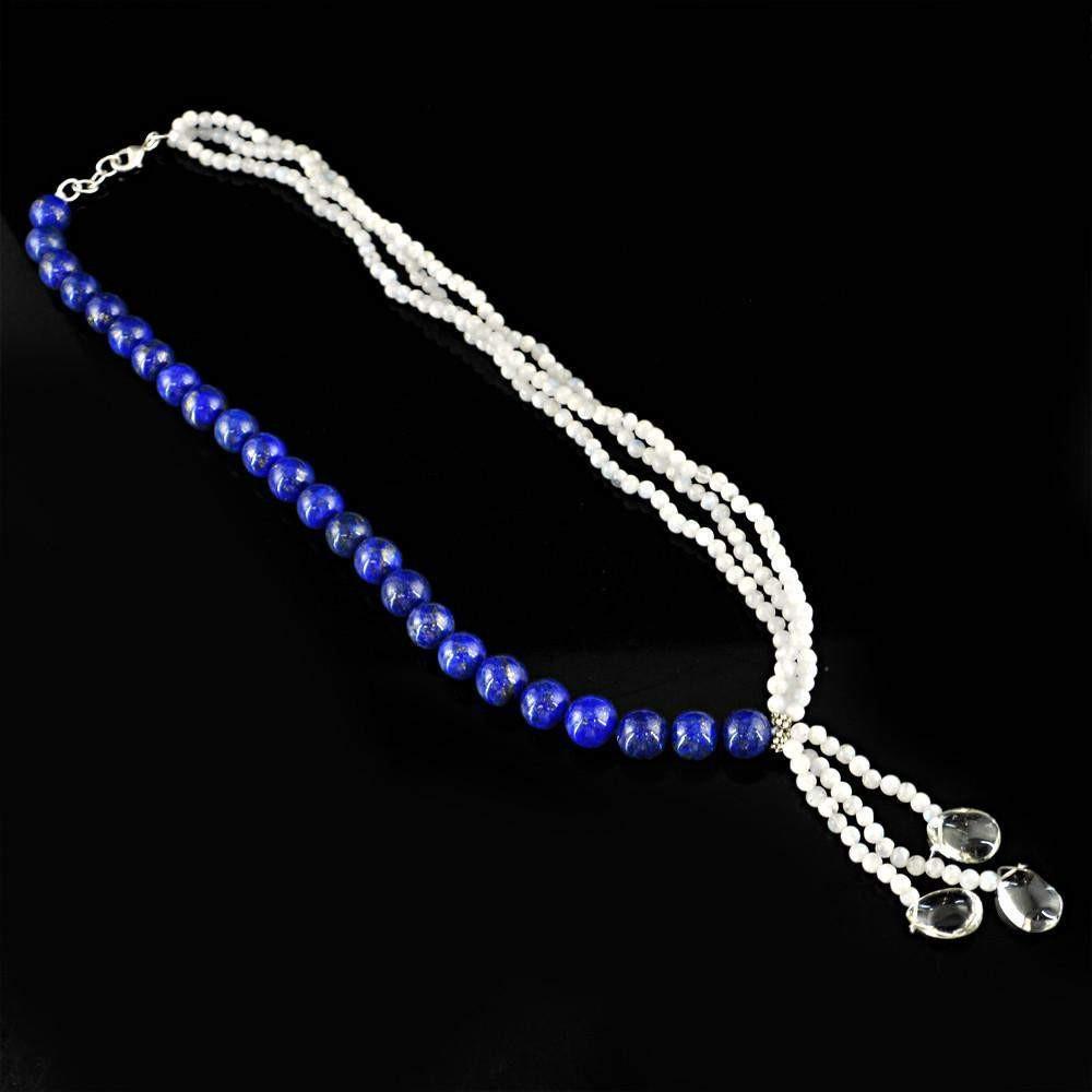 gemsmore:Genuine Natural Blue Flash Moonstone & Blue Lapis Lazuli Necklace Untreated Round Beads