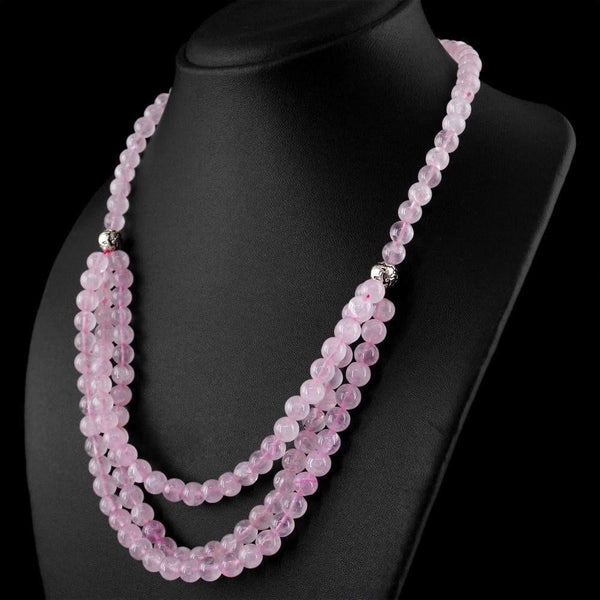 gemsmore:Genuine Natural Pink Rose Quartz Necklace Round Shape Untreated Single Strand Beads