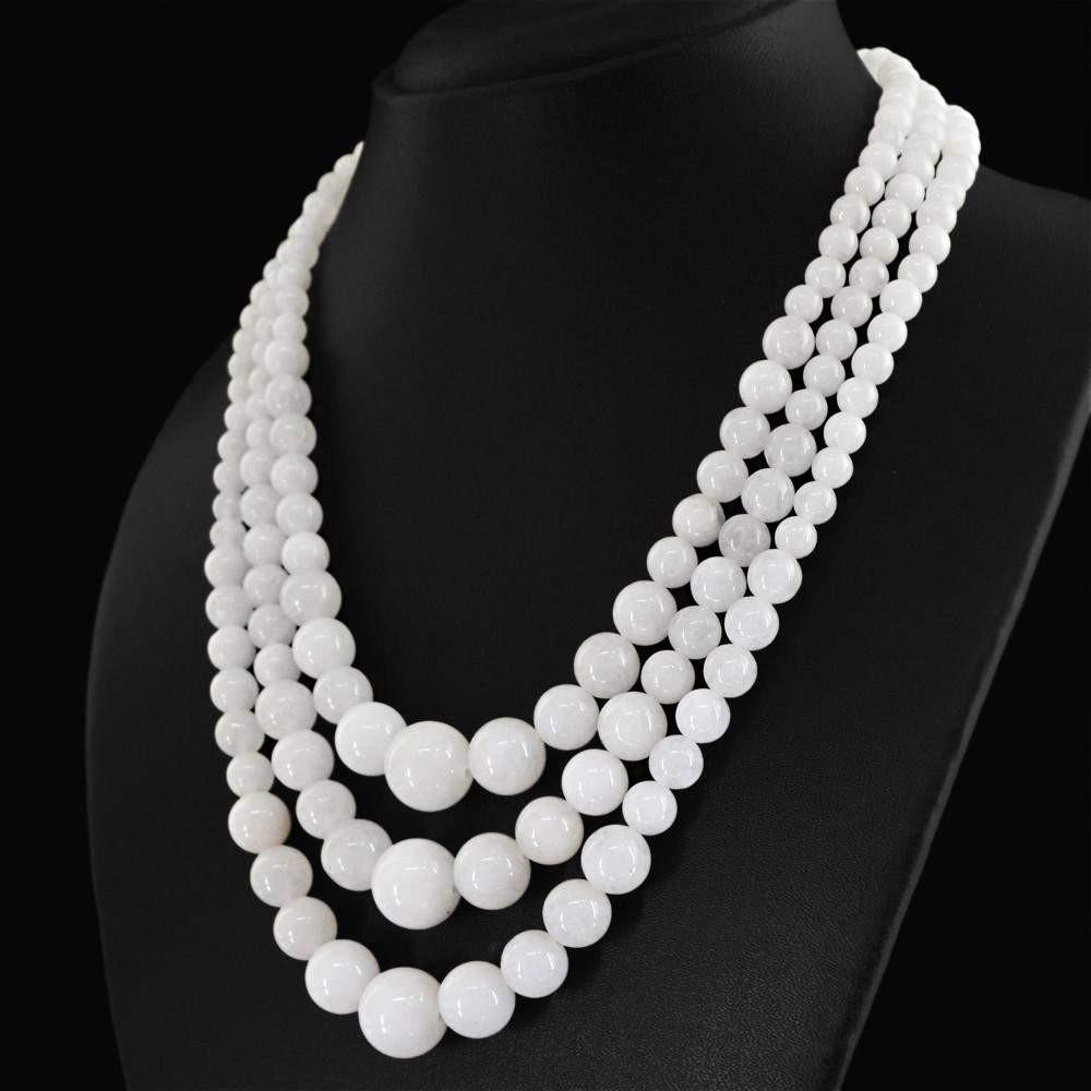 gemsmore:Genuine Natural White Agate Necklace Round Shape 3 Strand Untreated Beads
