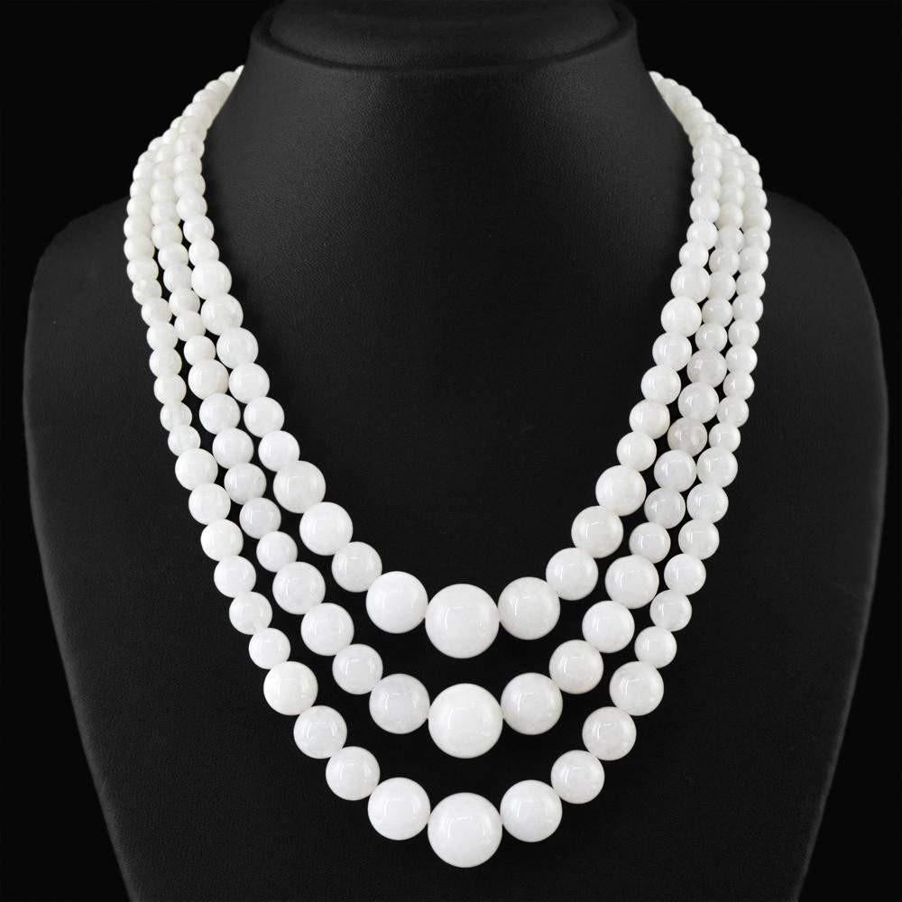 gemsmore:Genuine Natural White Agate Necklace Round Shape 3 Strand Untreated Beads