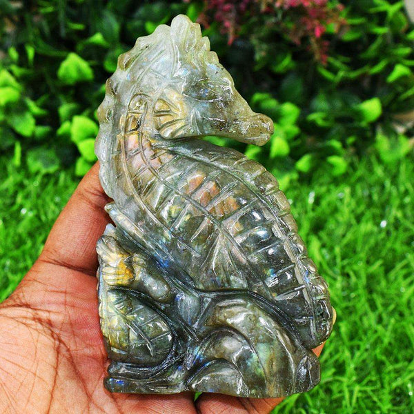 gemsmore:Genuine Pink Flash Labradorite Hand Carved Genuine Crystal Gemstone Carving Sea Horse