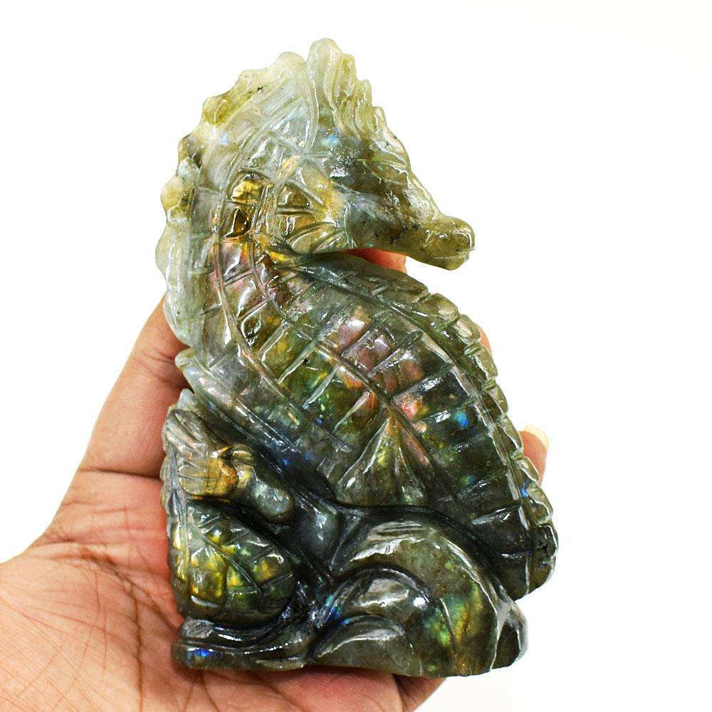 gemsmore:Genuine Pink Flash Labradorite Hand Carved Genuine Crystal Gemstone Carving Sea Horse