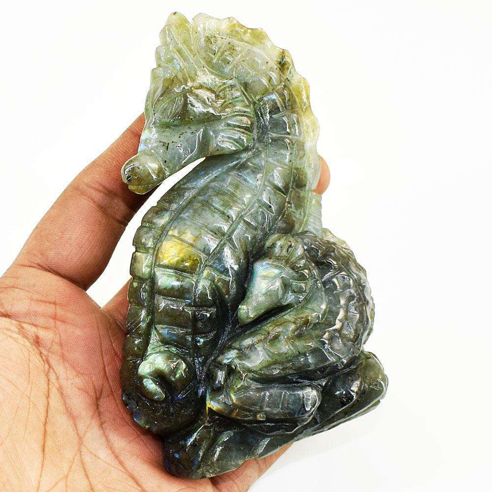 gemsmore:Genuine Pink Flash Labradorite Hand Carved Genuine Crystal Gemstone Carving Sea Horse