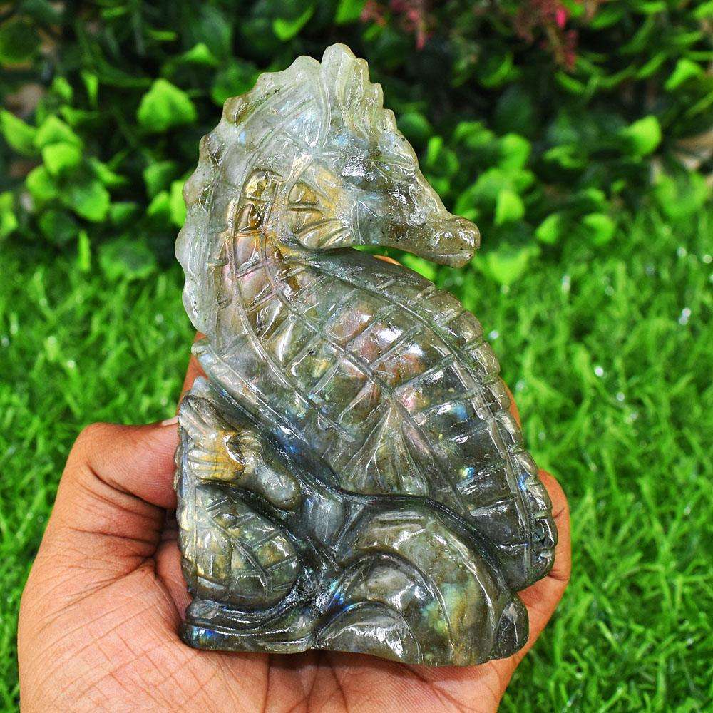 gemsmore:Genuine Pink Flash Labradorite Hand Carved Genuine Crystal Gemstone Carving Sea Horse