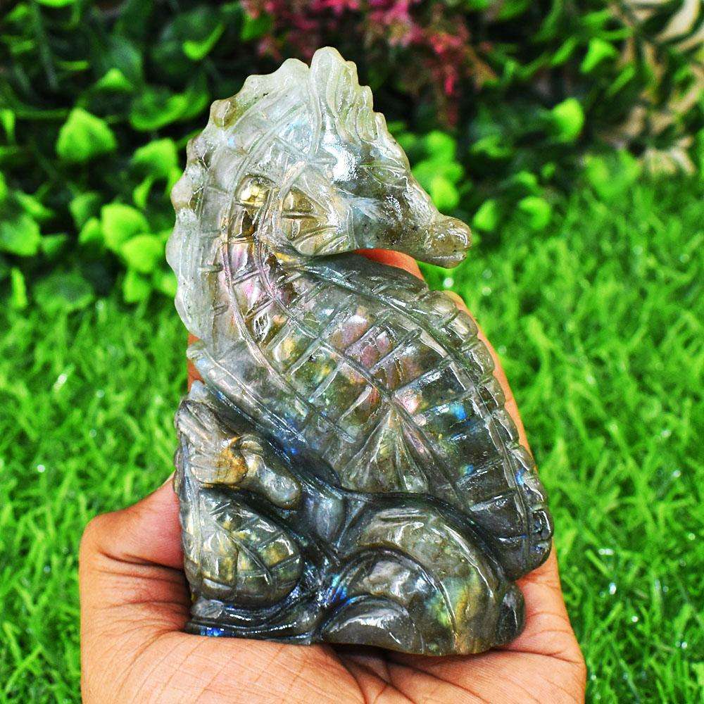 gemsmore:Genuine Pink Flash Labradorite Hand Carved Genuine Crystal Gemstone Carving Sea Horse