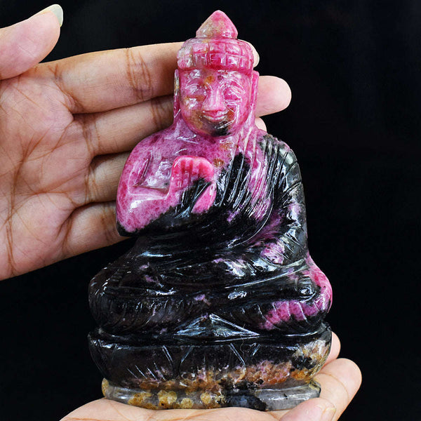 gemsmore:Genuine Pink Rhodonite  Hand Carved Buddha
