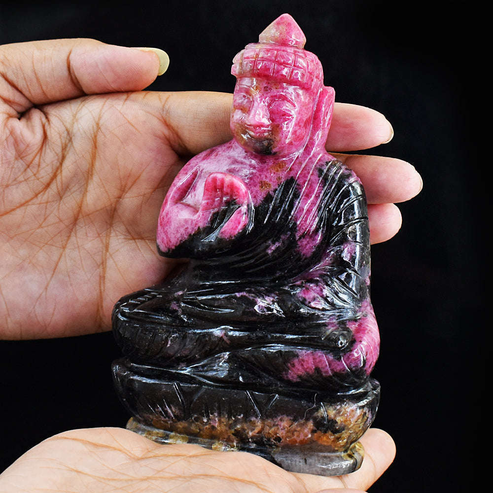 gemsmore:Genuine Pink Rhodonite  Hand Carved Buddha