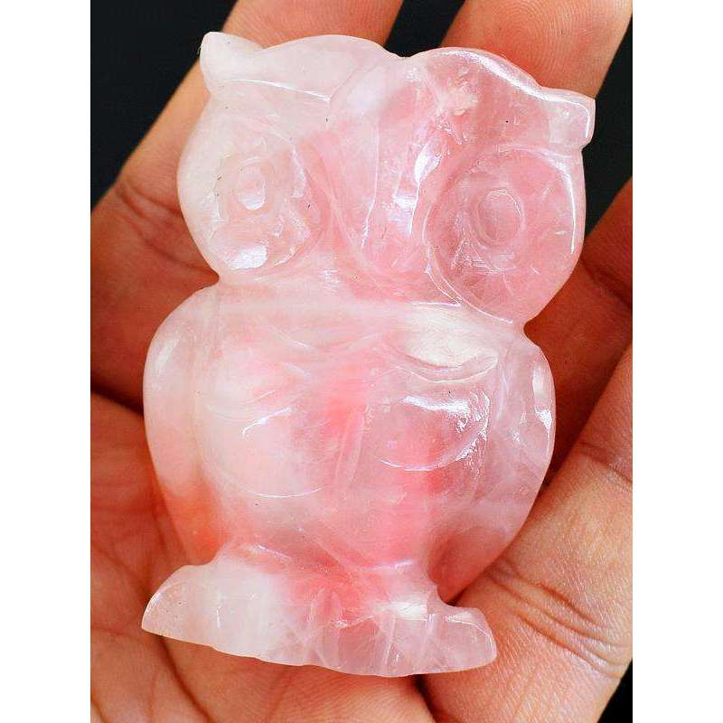 gemsmore:Genuine Pink Rose Quartz Beautifully Hand Carved Owl