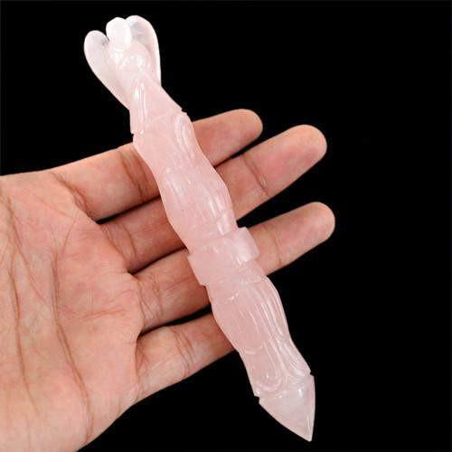 gemsmore:Genuine Pink Rose Quartz Carved Healing Angel Pencil