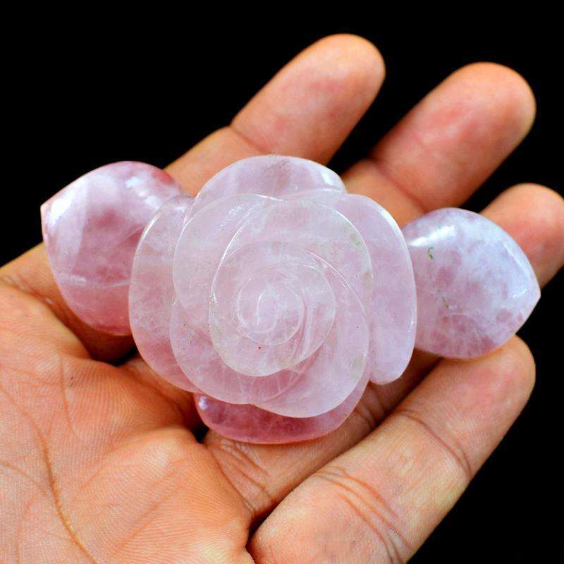 gemsmore:Genuine Pink Rose Quartz Carved Rose With Leaf