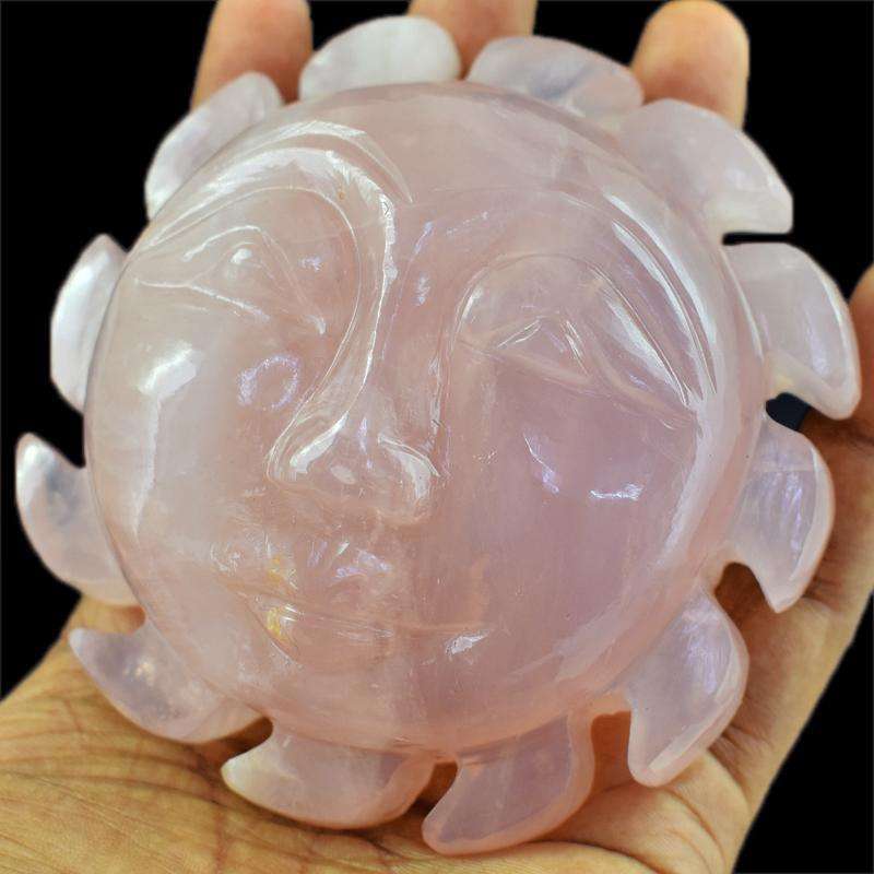 gemsmore:Genuine Pink Rose Quartz Hand Carved Sun Face