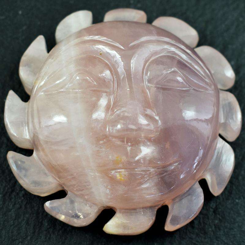 gemsmore:Genuine Pink Rose Quartz Hand Carved Sun Face