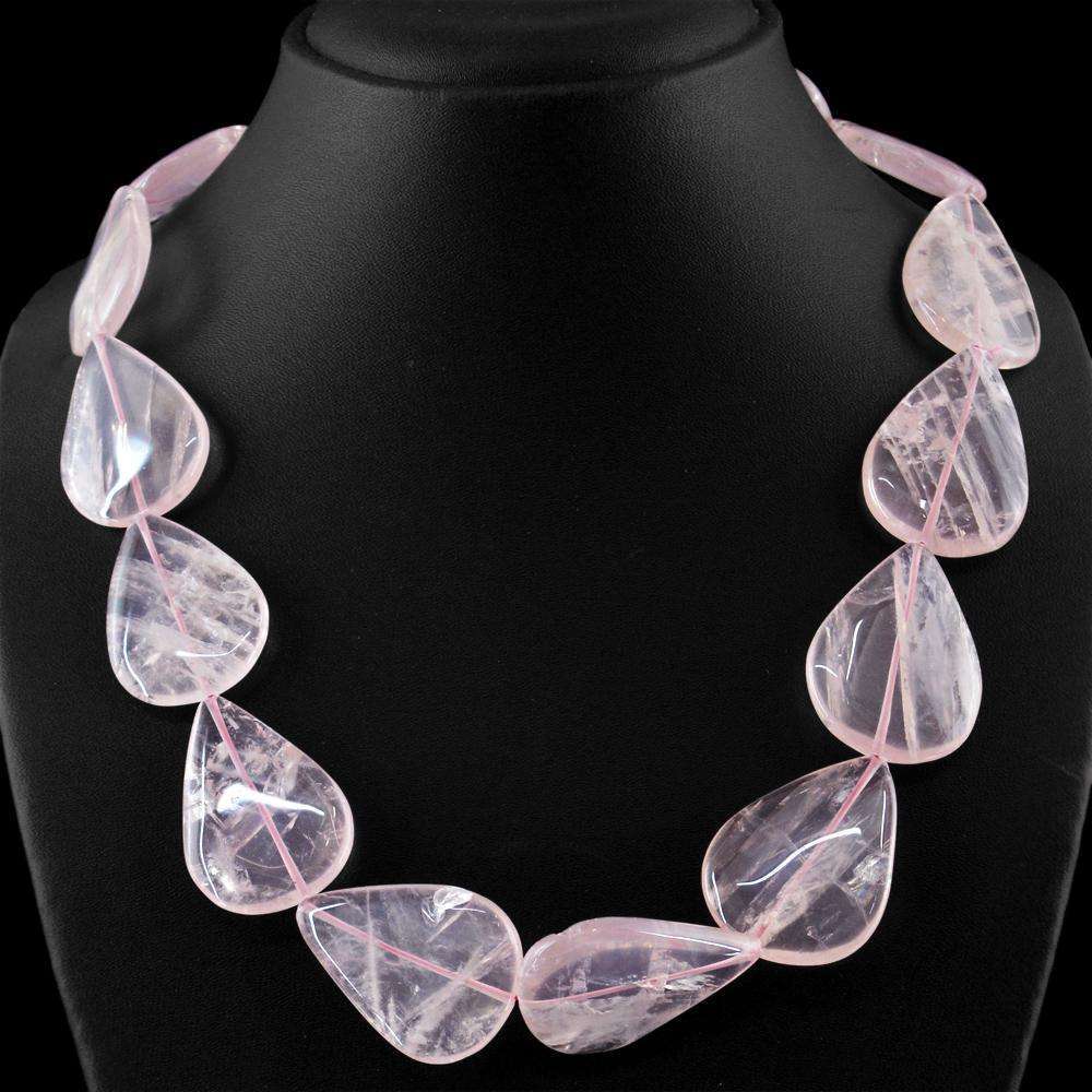 gemsmore:Genuine Pink Rose Quartz Necklace - Natural Single Strand Pear Shape Beads