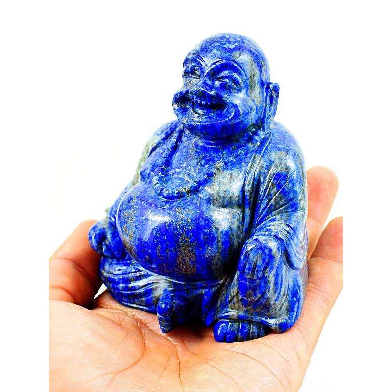 gemsmore:Genuine Premium Lapis Lazuli Hand Carved Laughing Buddha Idol Statute
