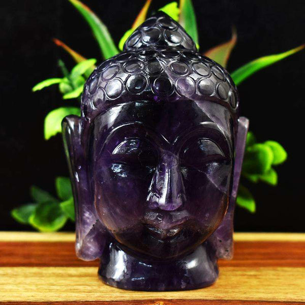 gemsmore:Genuine Purple Amethyst Hand Carved Buddha Head