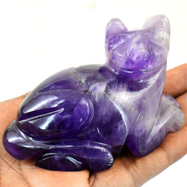 gemsmore:Genuine Purple Amethyst Hand Carved Cat