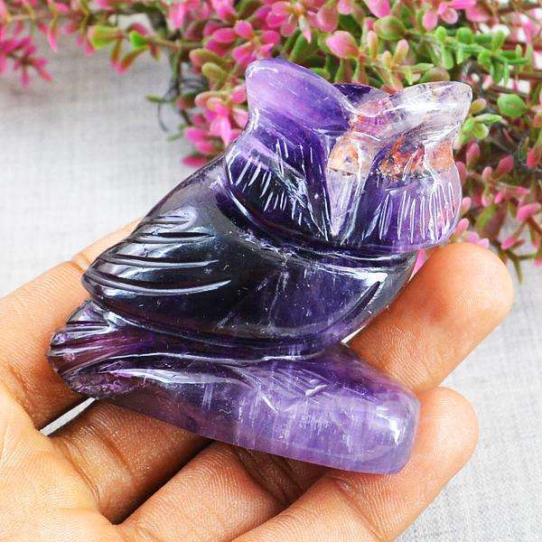 gemsmore:Genuine Purple Amethyst Hand Carved Owl Gemstone