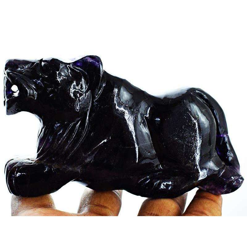 gemsmore:Genuine Purple Fluorite Hand Carved Gemstone Lion