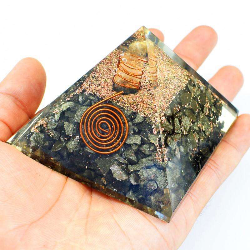 gemsmore:Genuine Pyrite Orgone Hand Carved Healing Pyramid