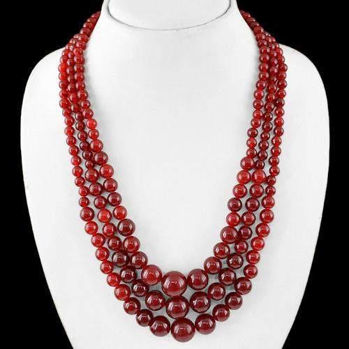 gemsmore:Genuine Red Onyx 3 Line Round Beads Necklace