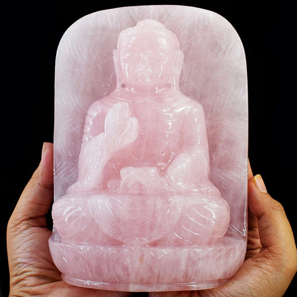 gemsmore:Genuine Rose Quartz Hand Carved Leaf Palm Lord Buddha