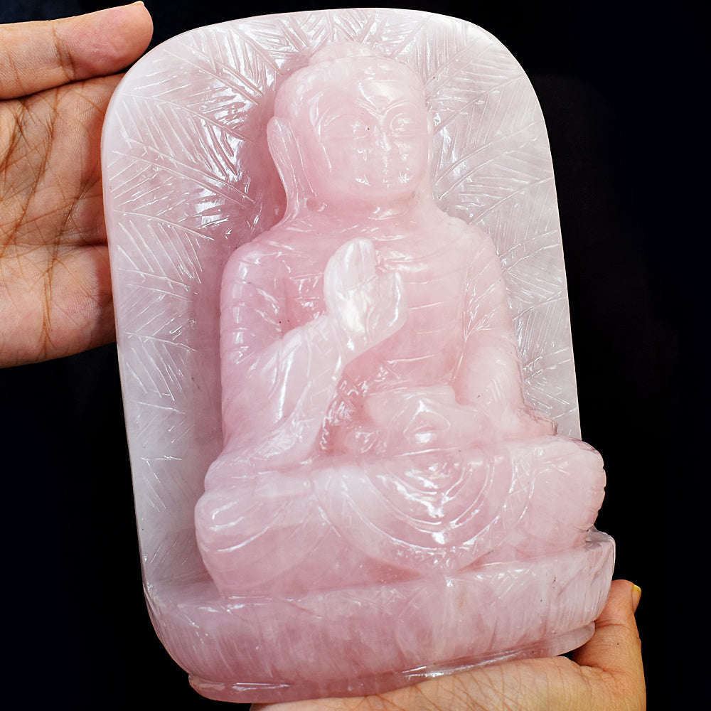 gemsmore:Genuine Rose Quartz Hand Carved Leaf Palm Lord Buddha