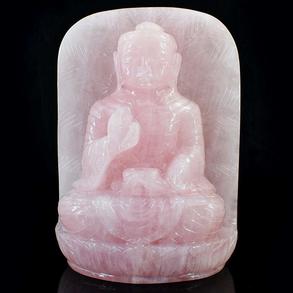 gemsmore:Genuine Rose Quartz Hand Carved Leaf Palm Lord Buddha