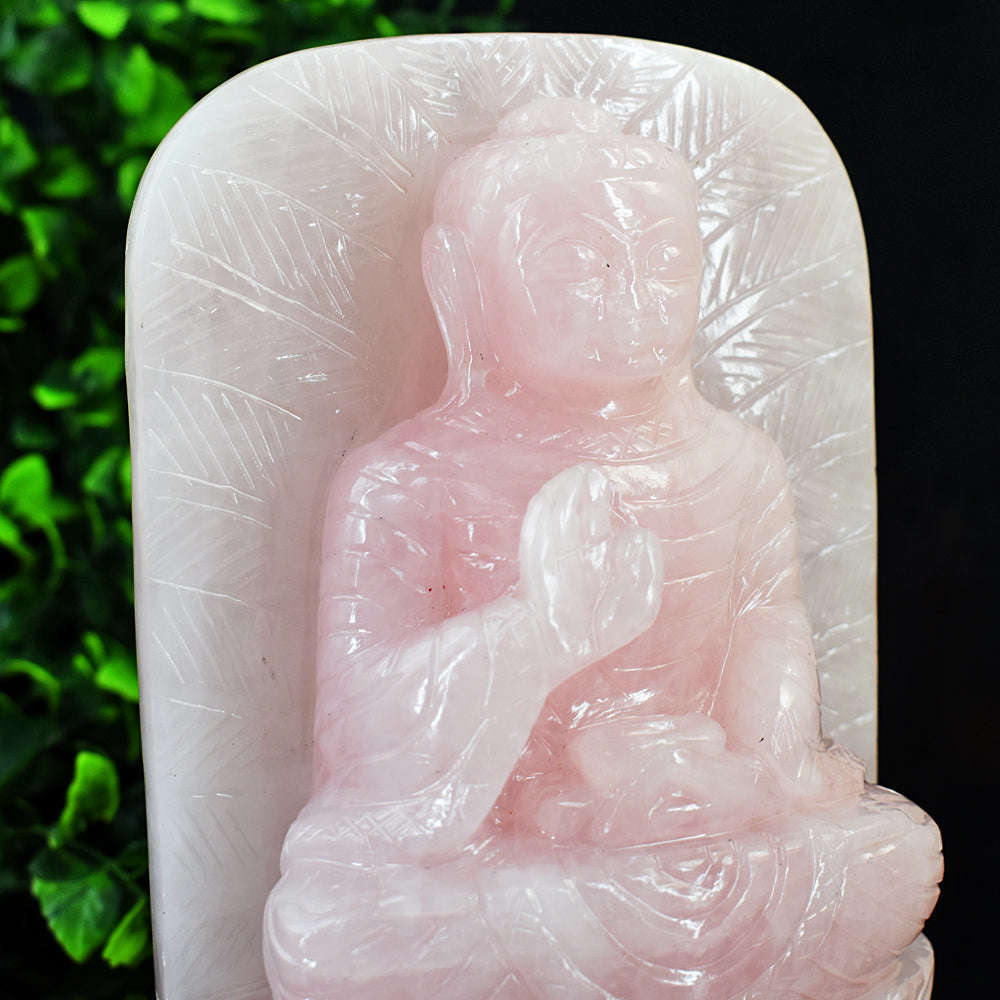 gemsmore:Genuine Rose Quartz Hand Carved Leaf Palm Lord Buddha