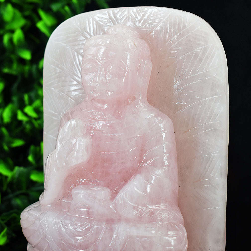 gemsmore:Genuine Rose Quartz Hand Carved Leaf Palm Lord Buddha