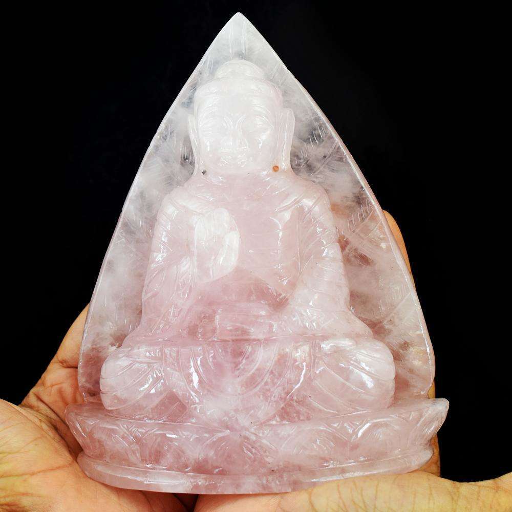 gemsmore:Genuine Rose Quartz Hand Carved Lord Buddha Crystal Carving Idol