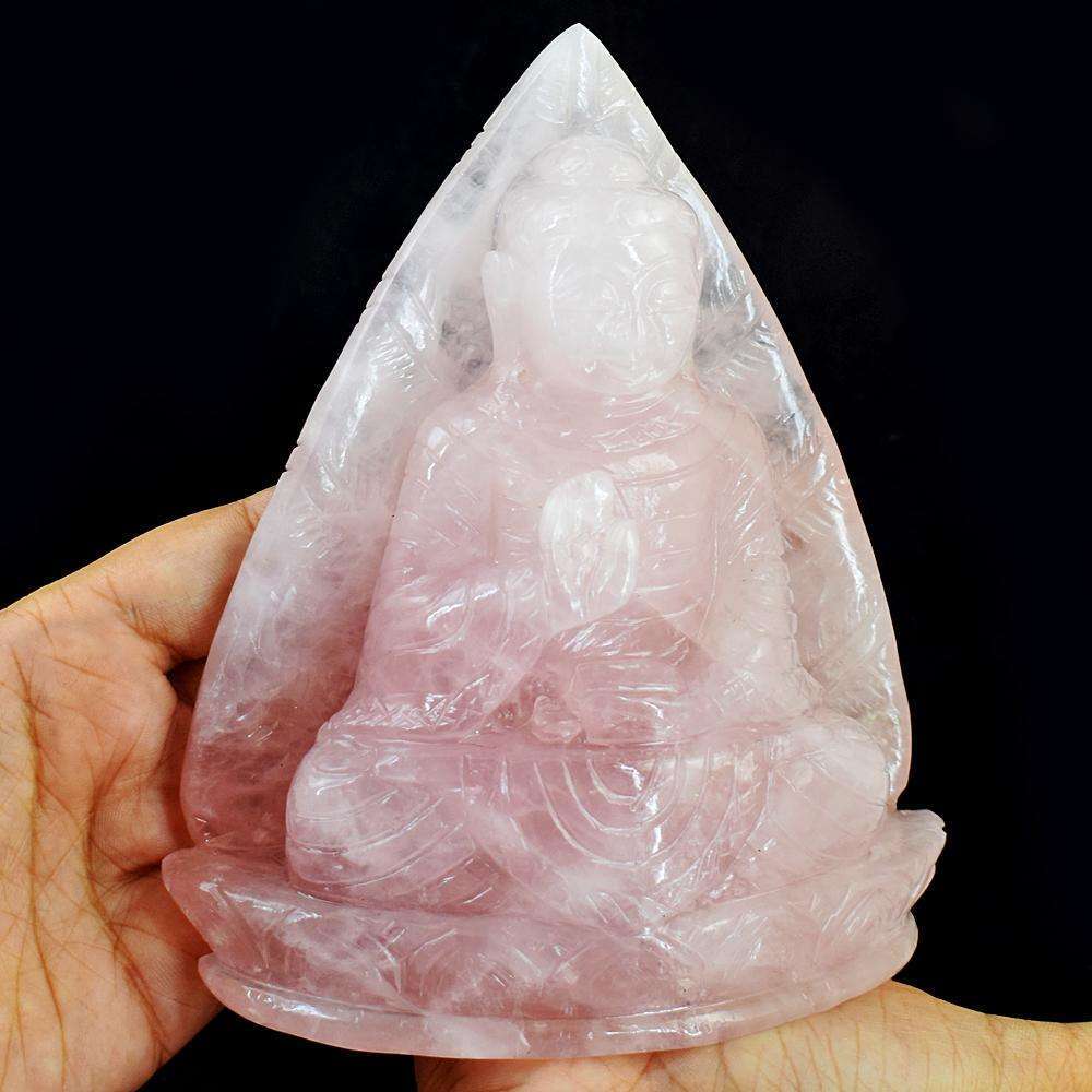 gemsmore:Genuine Rose Quartz Hand Carved Lord Buddha Crystal Carving Idol