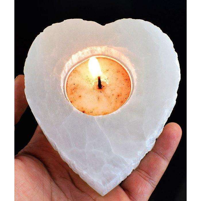 gemsmore:Genuine Selenite Carved Heart Shape Candle Holder