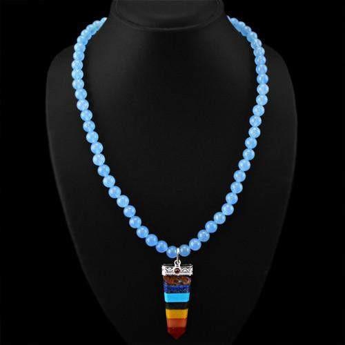 gemsmore:Genuine Seven Chakra Blue Chalcedony Beads Necklace