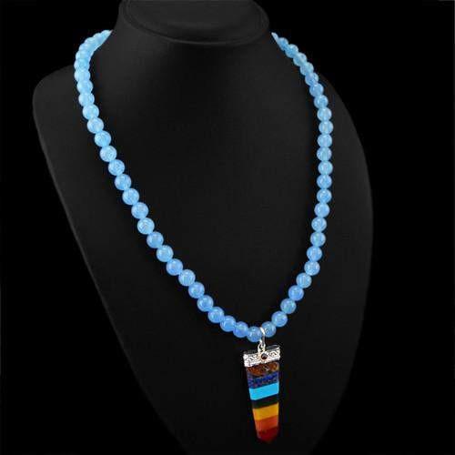 gemsmore:Genuine Seven Chakra Blue Chalcedony Beads Necklace