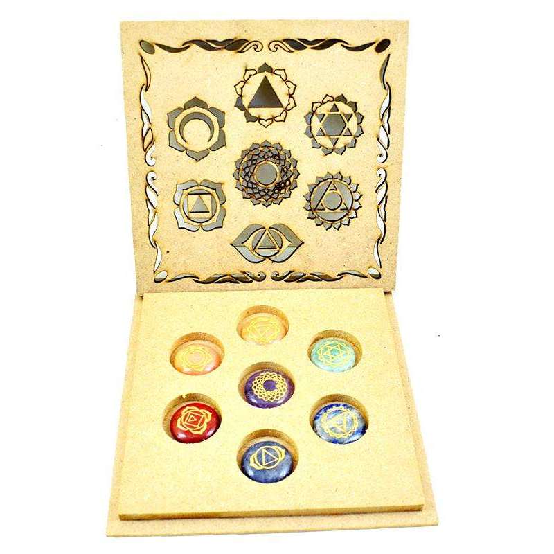 gemsmore:Genuine Seven Chakra Carved Gemstone In Wooden Box