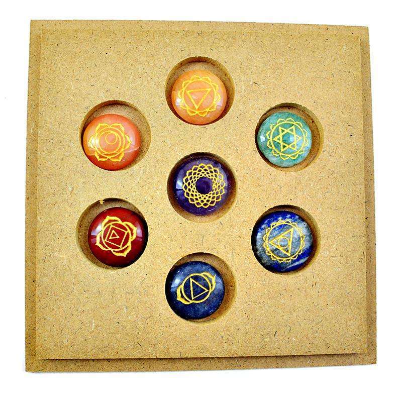 gemsmore:Genuine Seven Chakra Carved Gemstone In Wooden Box