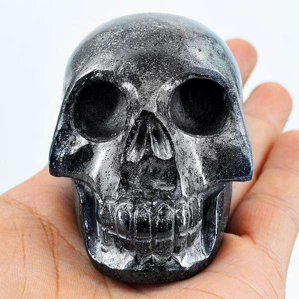 gemsmore:Genuine Silver Hematite Hand Carved Gemstone Skull