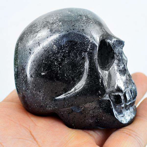 gemsmore:Genuine Silver Hematite Hand Carved Gemstone Skull
