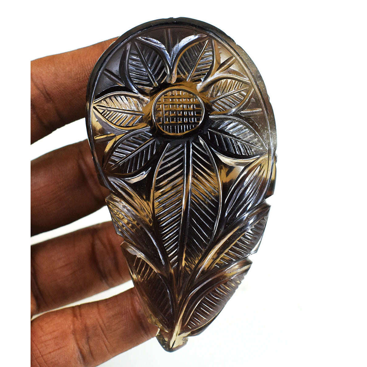 gemsmore:Genuine Smoky Quartz Hand Carved Genuine Crystal Gemstone Carving Mughal Carved Cabochon