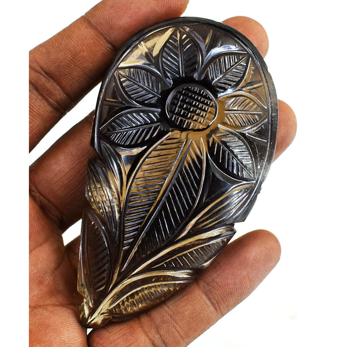 gemsmore:Genuine Smoky Quartz Hand Carved Genuine Crystal Gemstone Carving Mughal Carved Cabochon