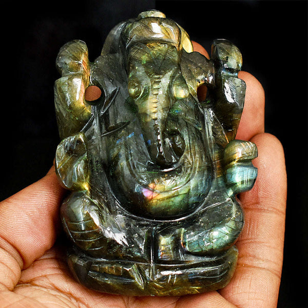gemsmore:Genuine Sunset Orange Flash Labradorite Hand Carved Genuine Crystal Gemstone Carving Lord Ganesha