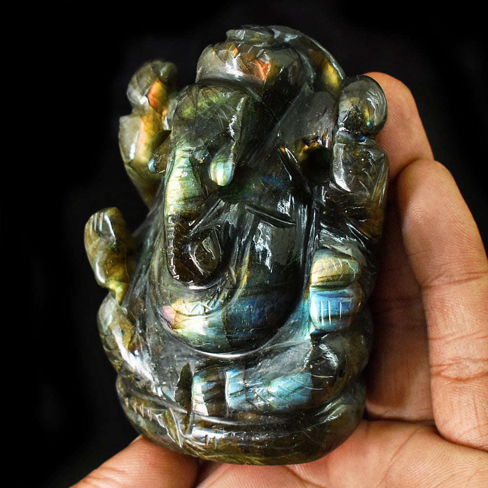 gemsmore:Genuine Sunset Orange Flash Labradorite Hand Carved Genuine Crystal Gemstone Carving Lord Ganesha