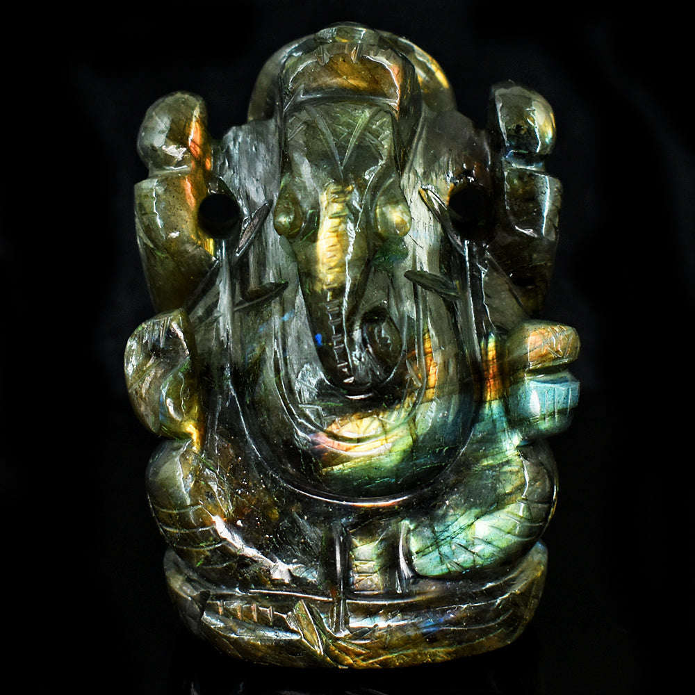 gemsmore:Genuine Sunset Orange Flash Labradorite Hand Carved Genuine Crystal Gemstone Carving Lord Ganesha