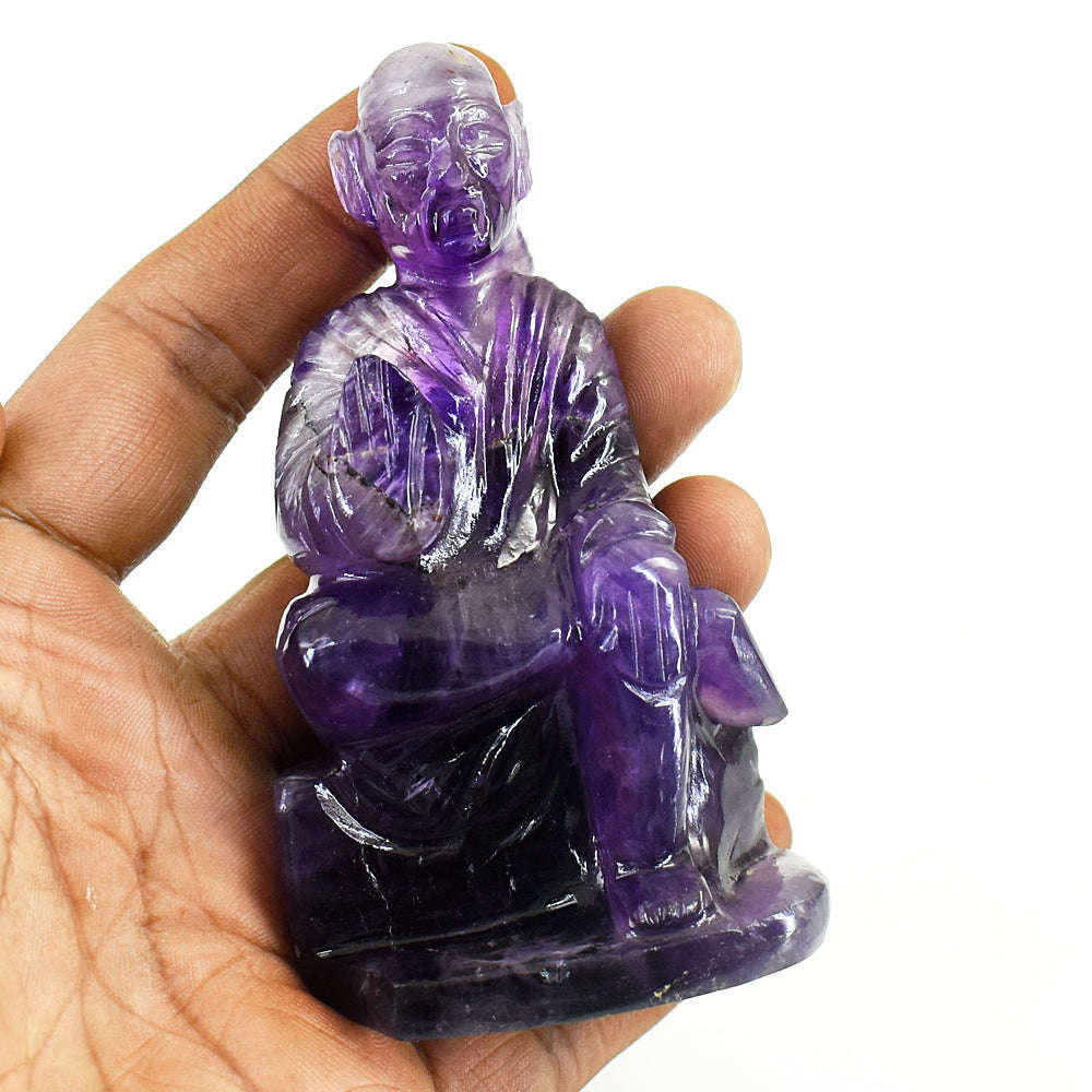 gemsmore:Genuine Super Seven Amethyst Hand Carved Genuine Crystal Gemstone Carving Lord Sai Baba